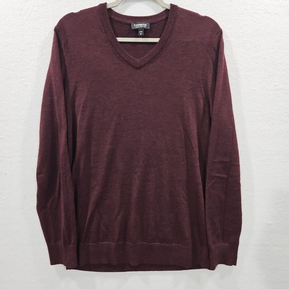 Express Men Size Medium Burgundy V-Neck Merino Wool Blend Pullover Sweater